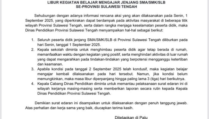 Antisipasi Kondisi Daerah, SMA/SMK/SLB di Sulteng Diliburkan